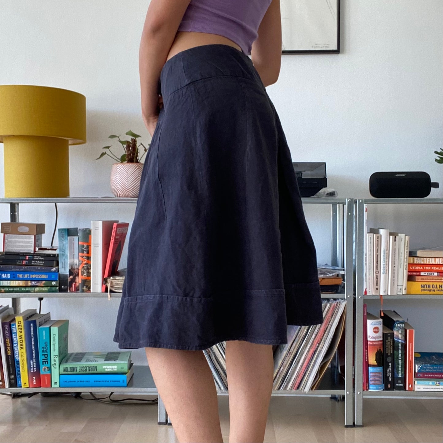 Black midi linen skirt