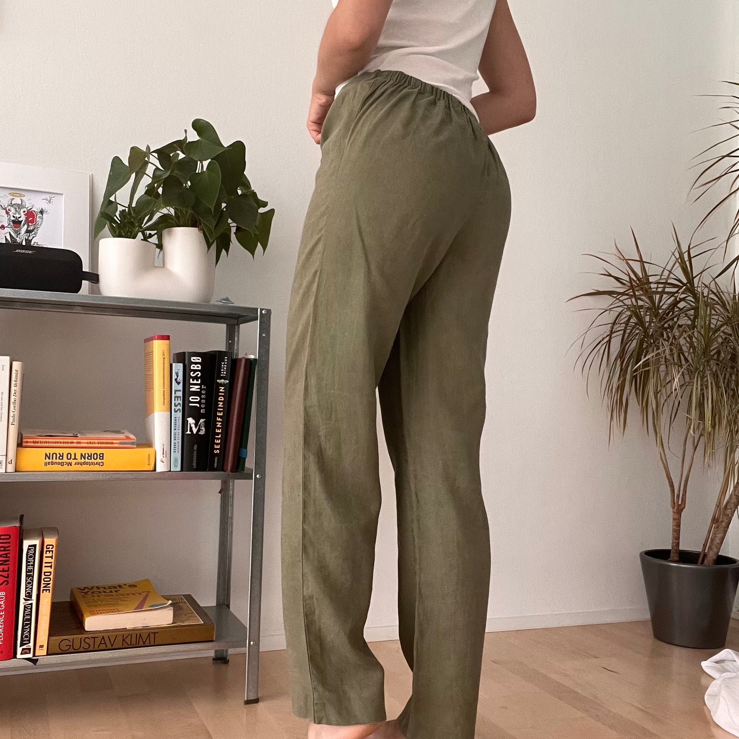Sage Green Linen Blend Wide Leg Trousers-Size 38