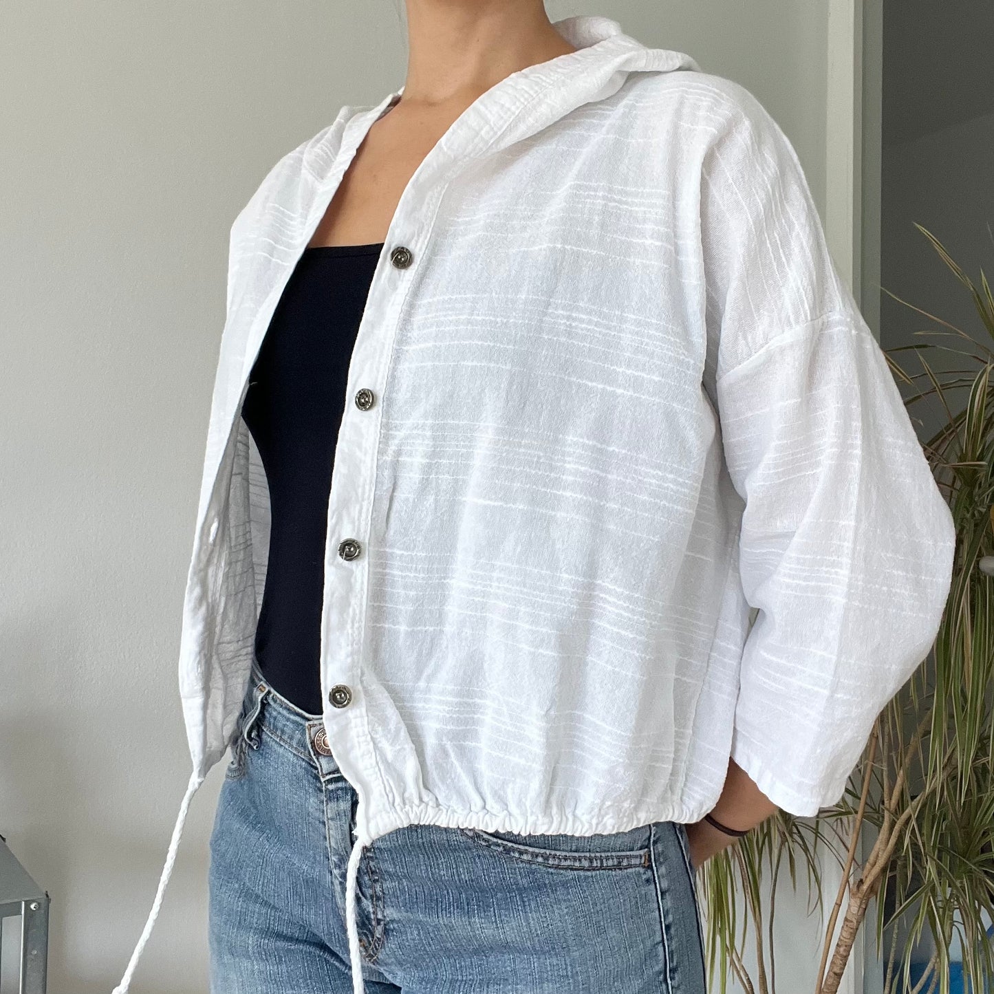 hooded cotton gauze button-down top-Free size
