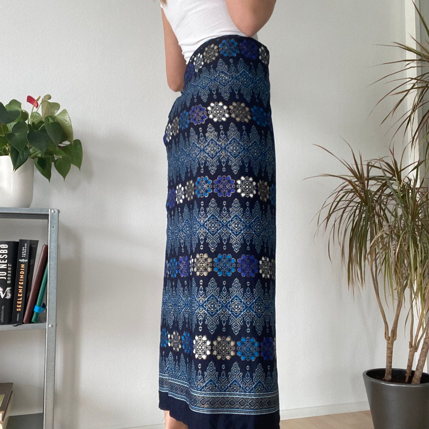 Long blue wrap maxi skirt