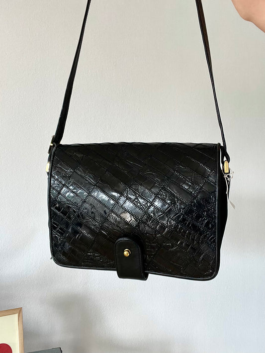Black Quilted Patent Shoulder Bag