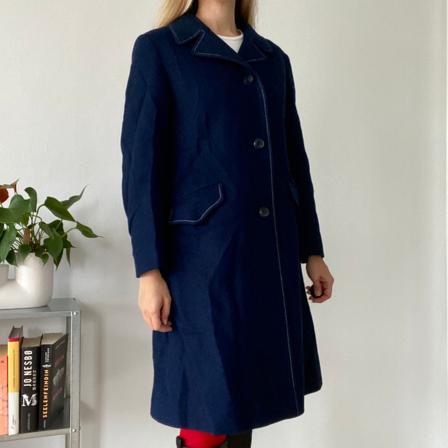 Navy Blue Wool Coat Single Breasted Tailored Mid Length Classic