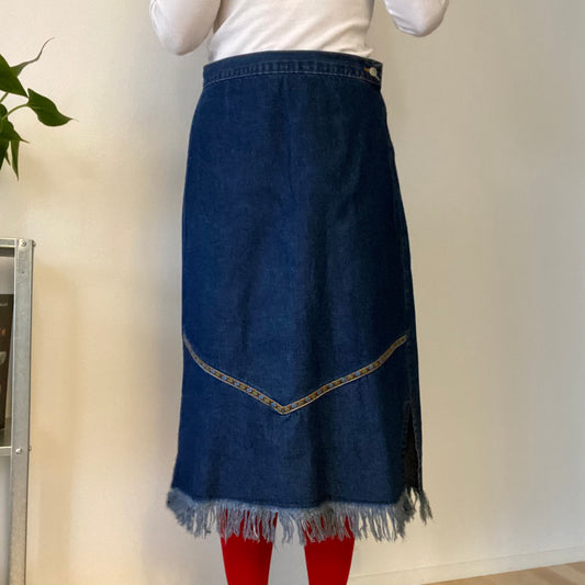 Blue Denim Jean SKIRT Pencil Modest Knee Exposed Seam Tan Size L