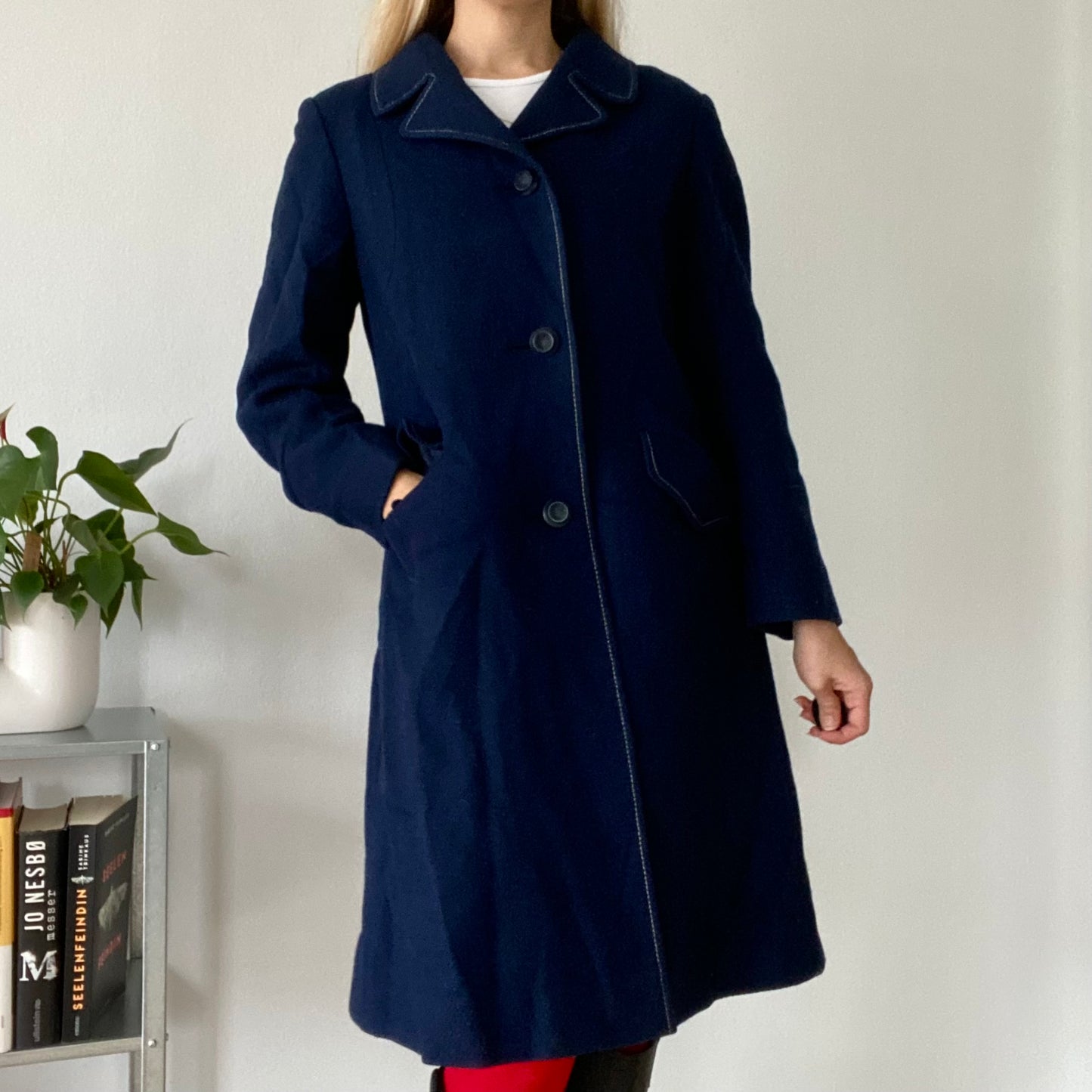 Navy Blue Wool Coat Single Breasted Tailored Mid Length Classic