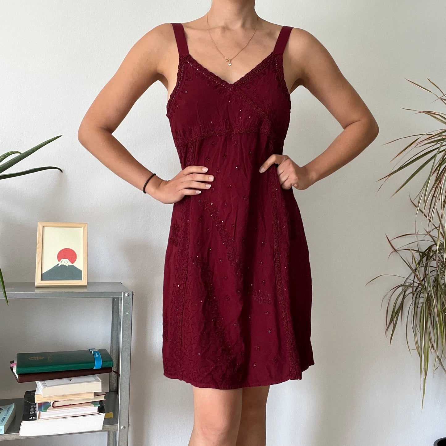 Vintage Burgundy Beaded Mini Dress-Free size