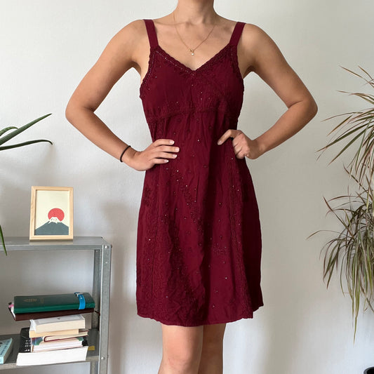 Vintage Burgundy Beaded Mini Dress-Free size