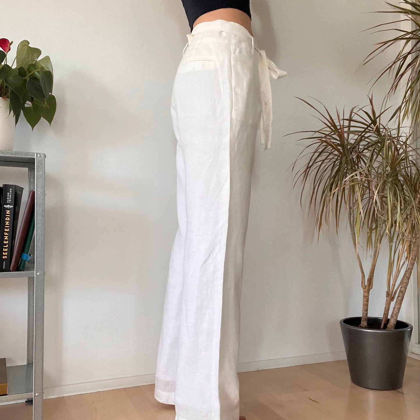 Wide linen long white trousers-XL