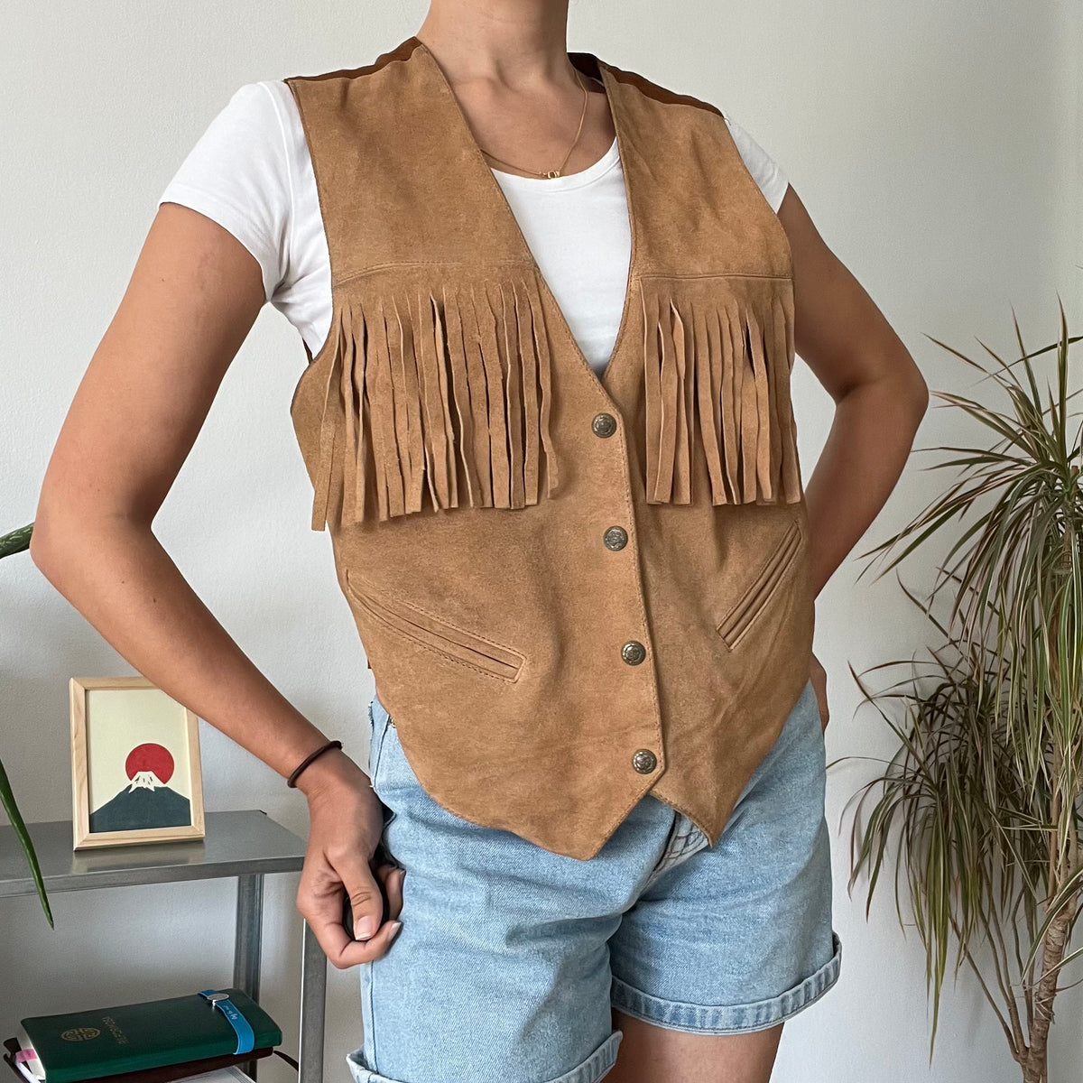 Fringe Leather Boho Vest -Size L