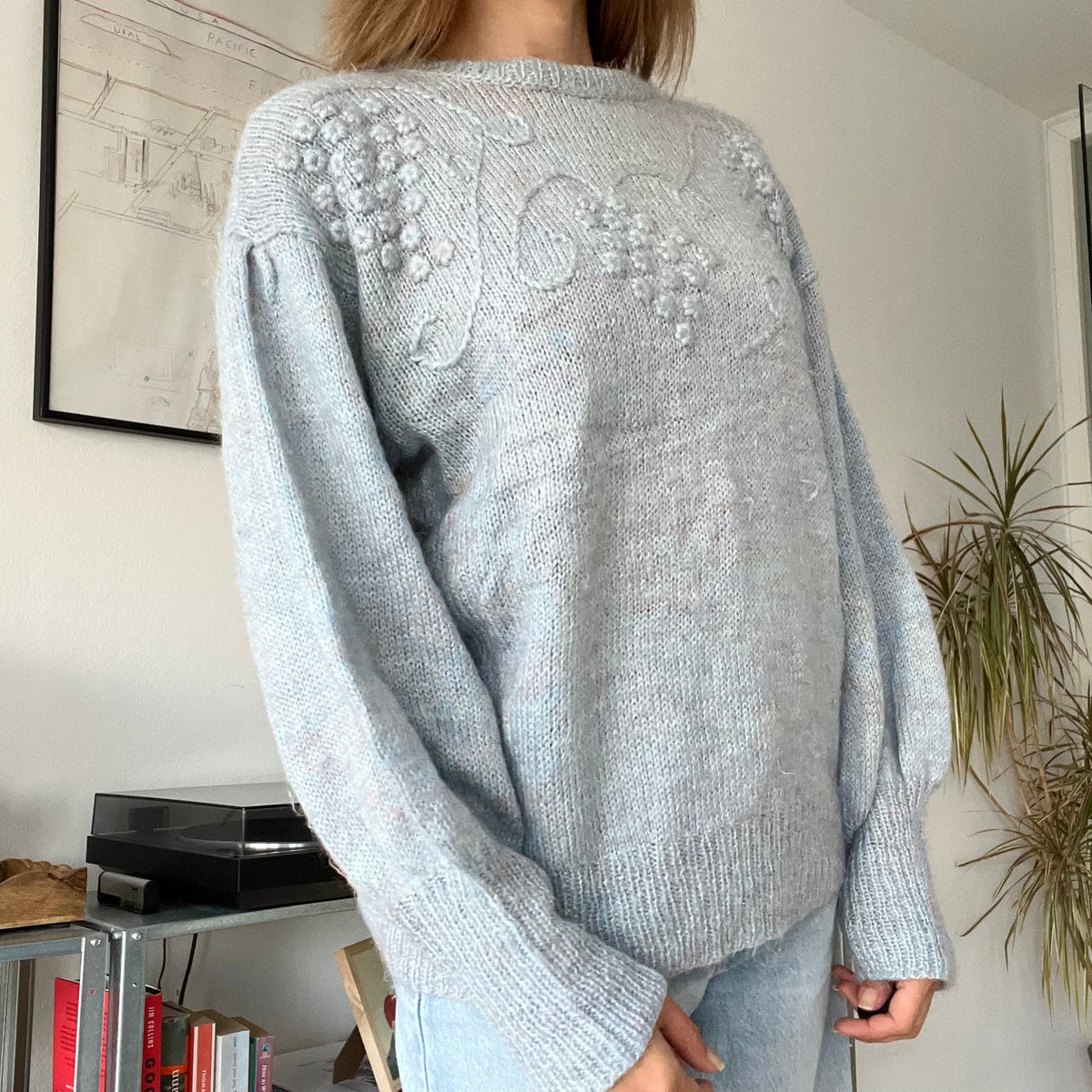 Blue fuzzy knit pullover sweater-Size L