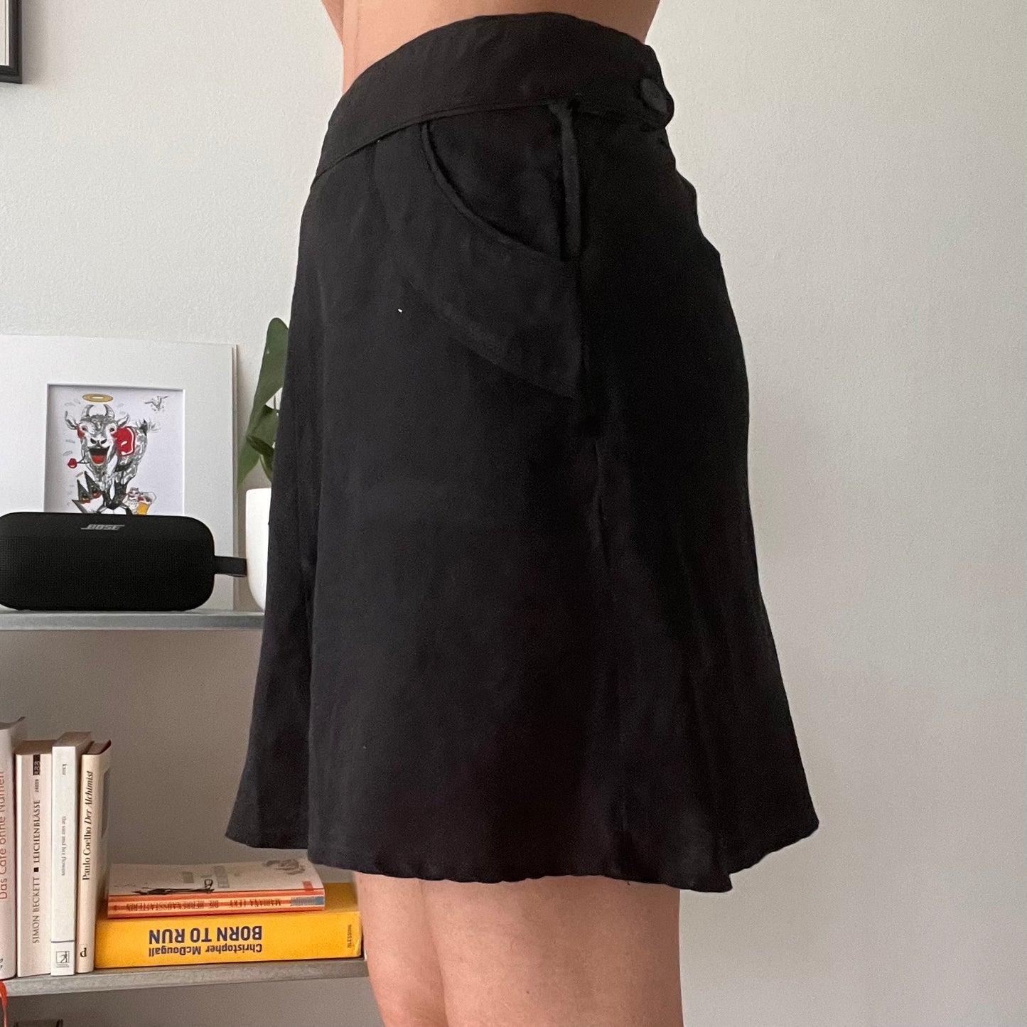 Black Linen High Waist Mini Skirt Minimalist Y2K-Size 34