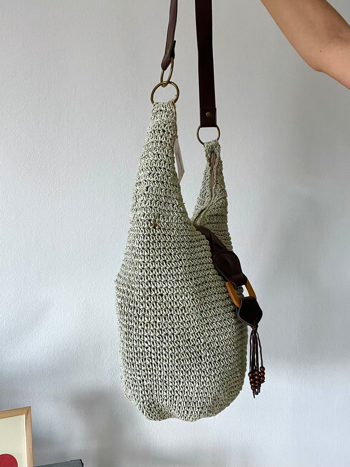 Woven Shoulder Bag with Leather Buckle Detail