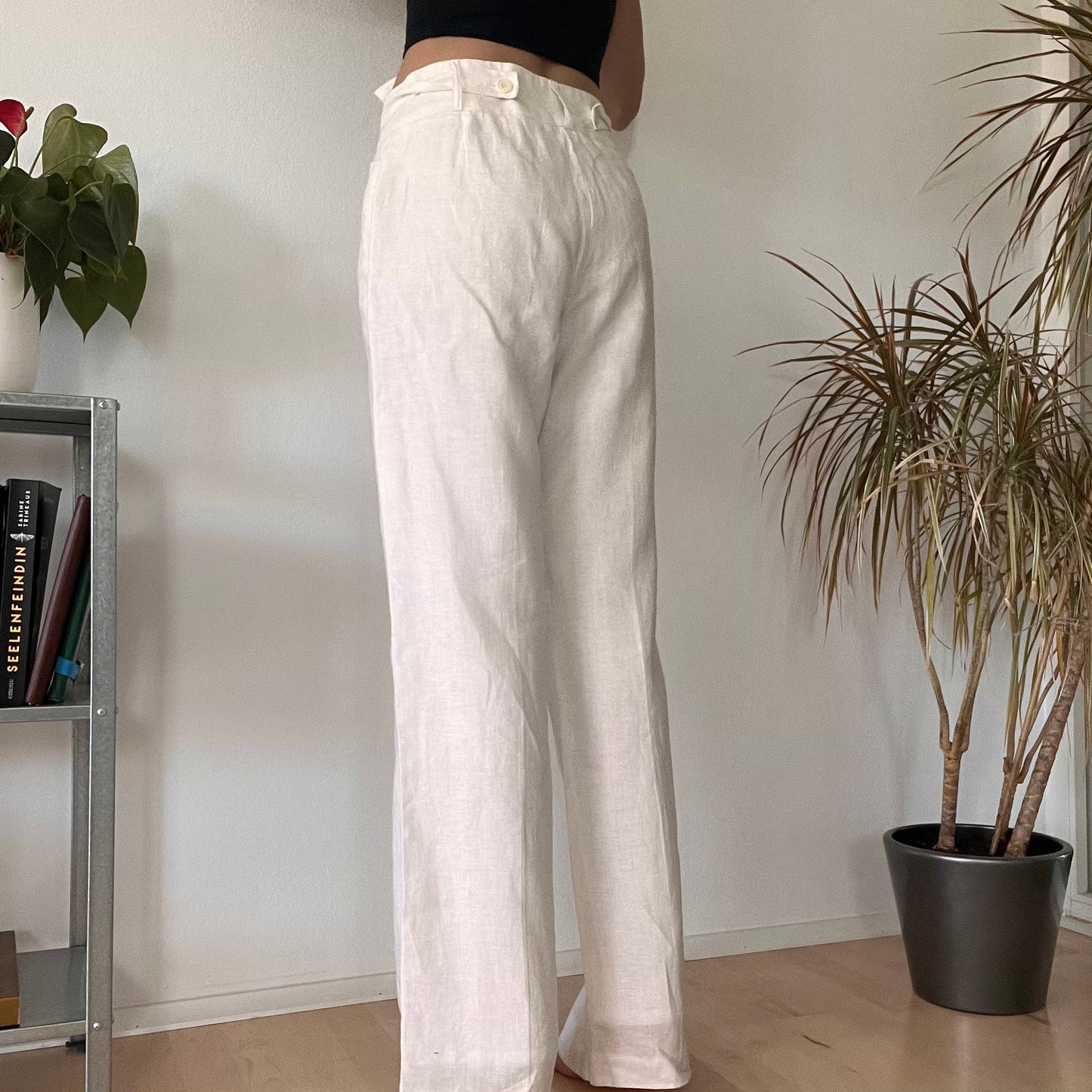 Wide linen long white trousers-XL