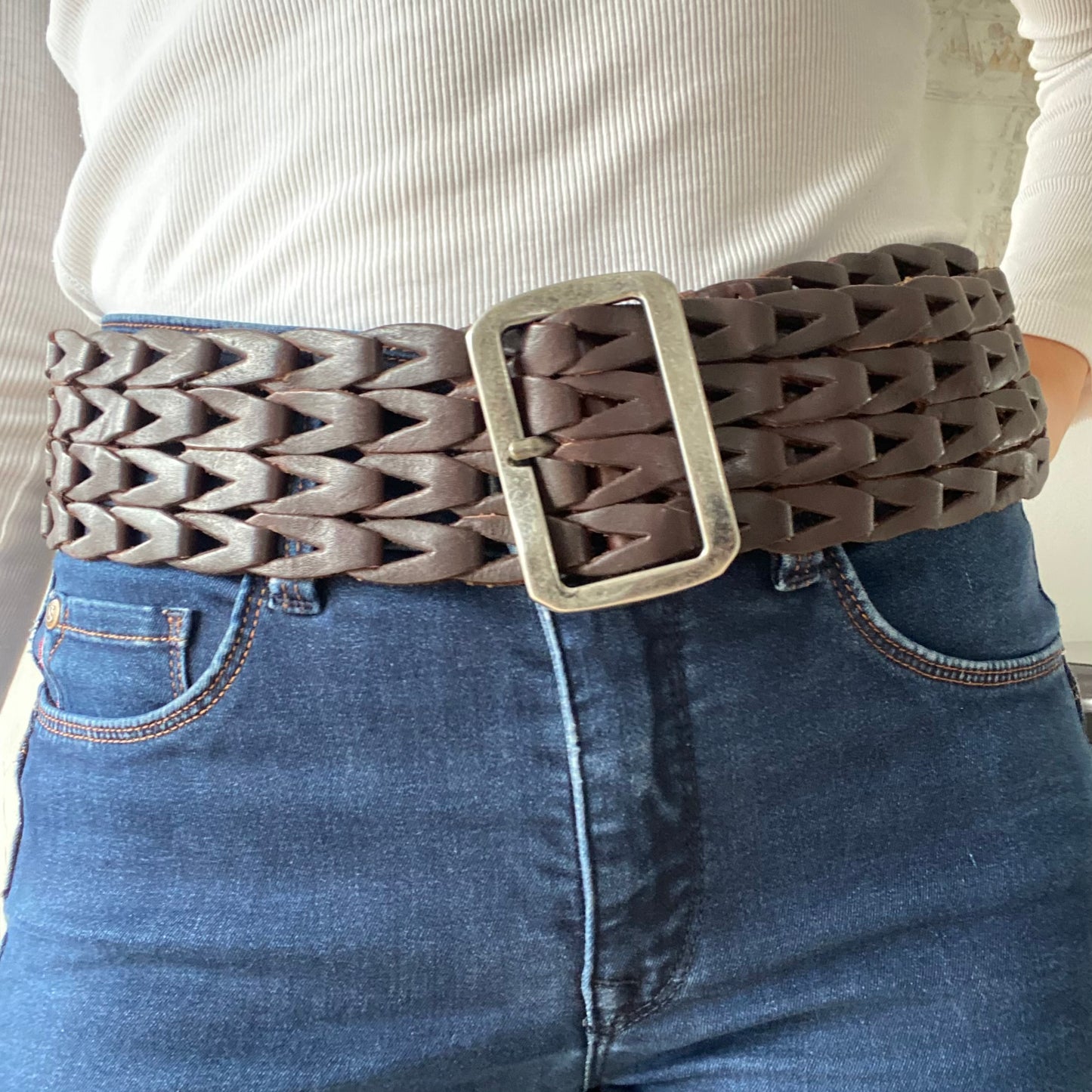 Thick brown braided leather belt
