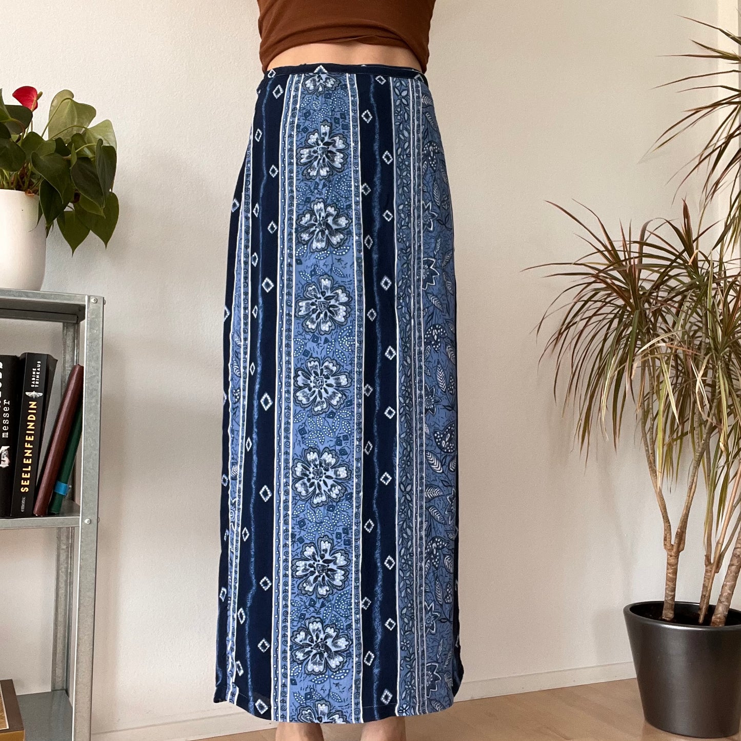Vintage Blue Boho Maxi Skirt Y2K Floral Pattern
