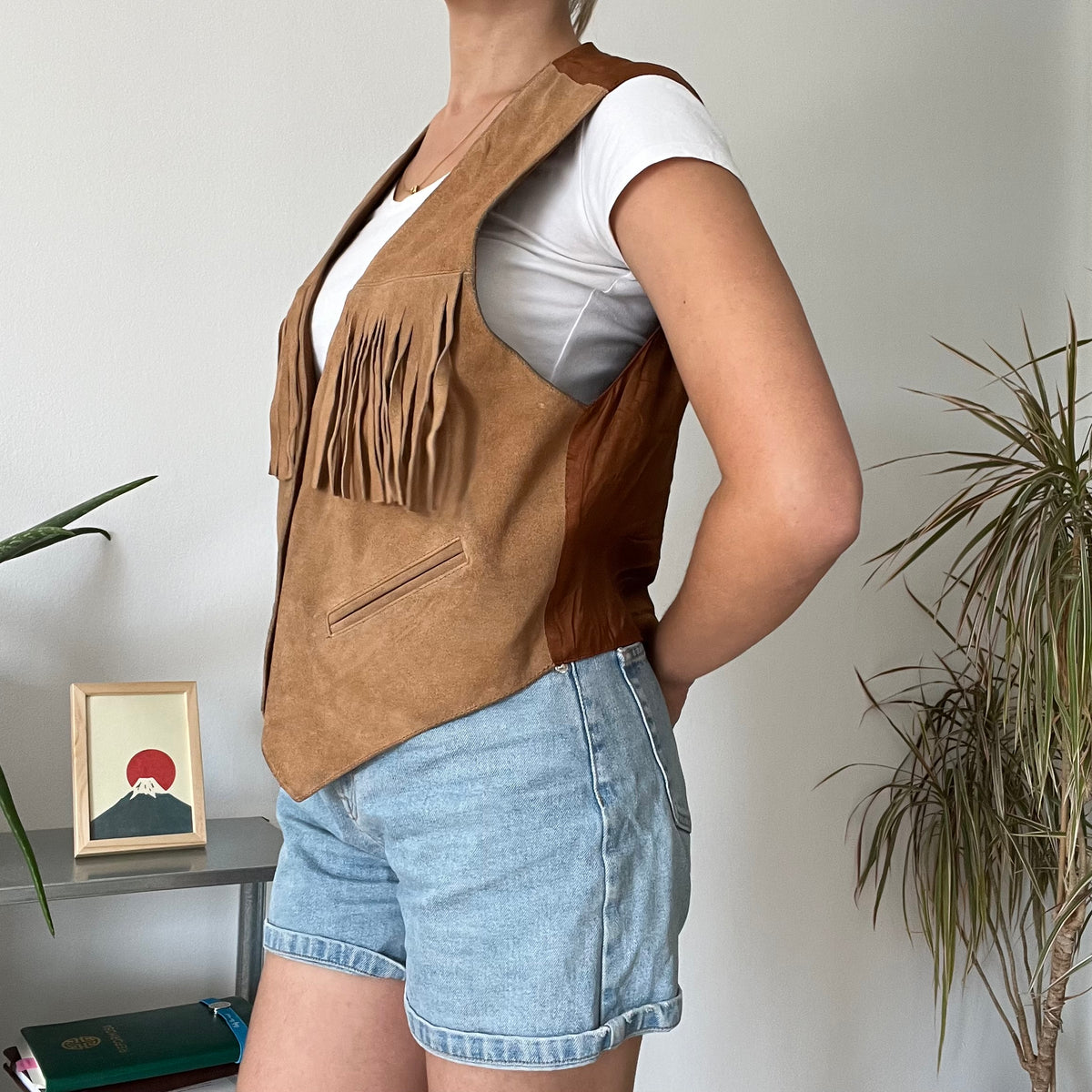 Fringe Leather Boho Vest -Size L