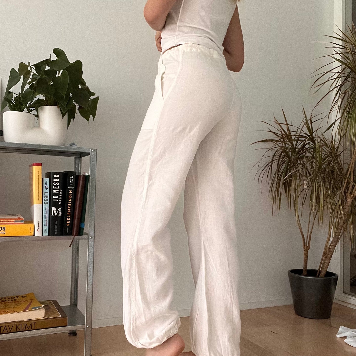 White Linen Wide Leg Drawstring Trousers-Size S