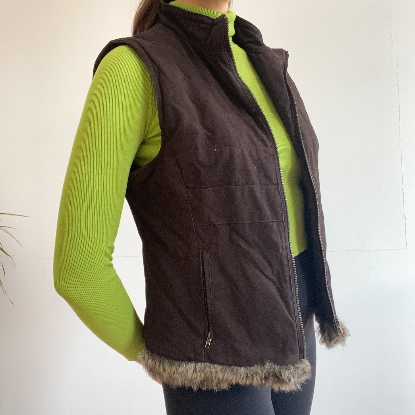 Brown Fur-Trim Quilted Vest
