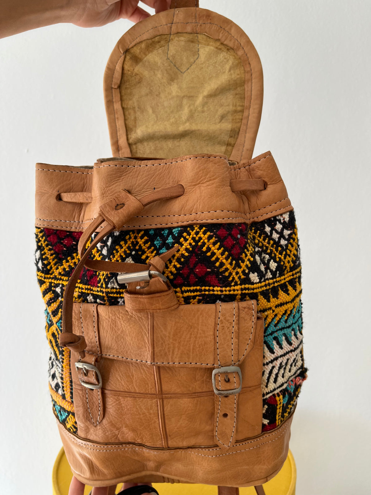 Boho leather camel brown backpack