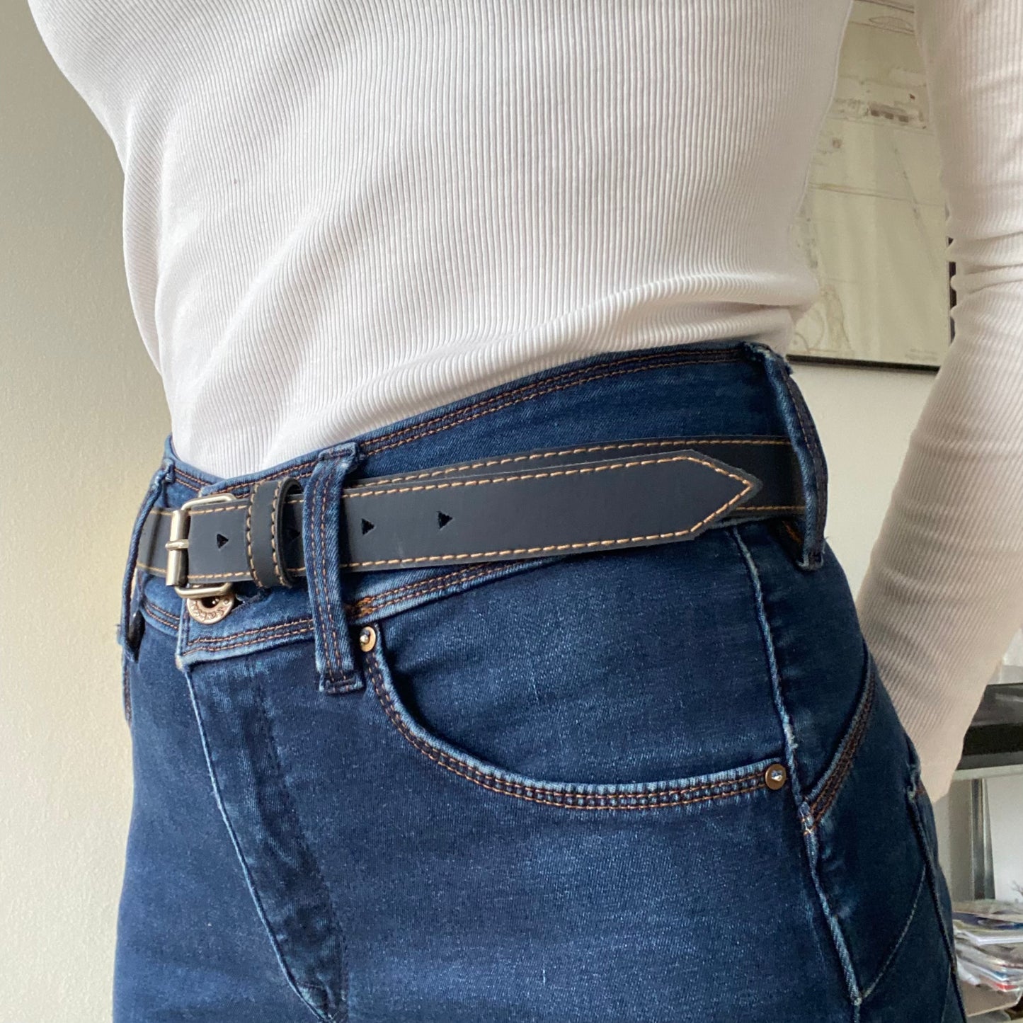 Grey blue metal buckle thin leather belt