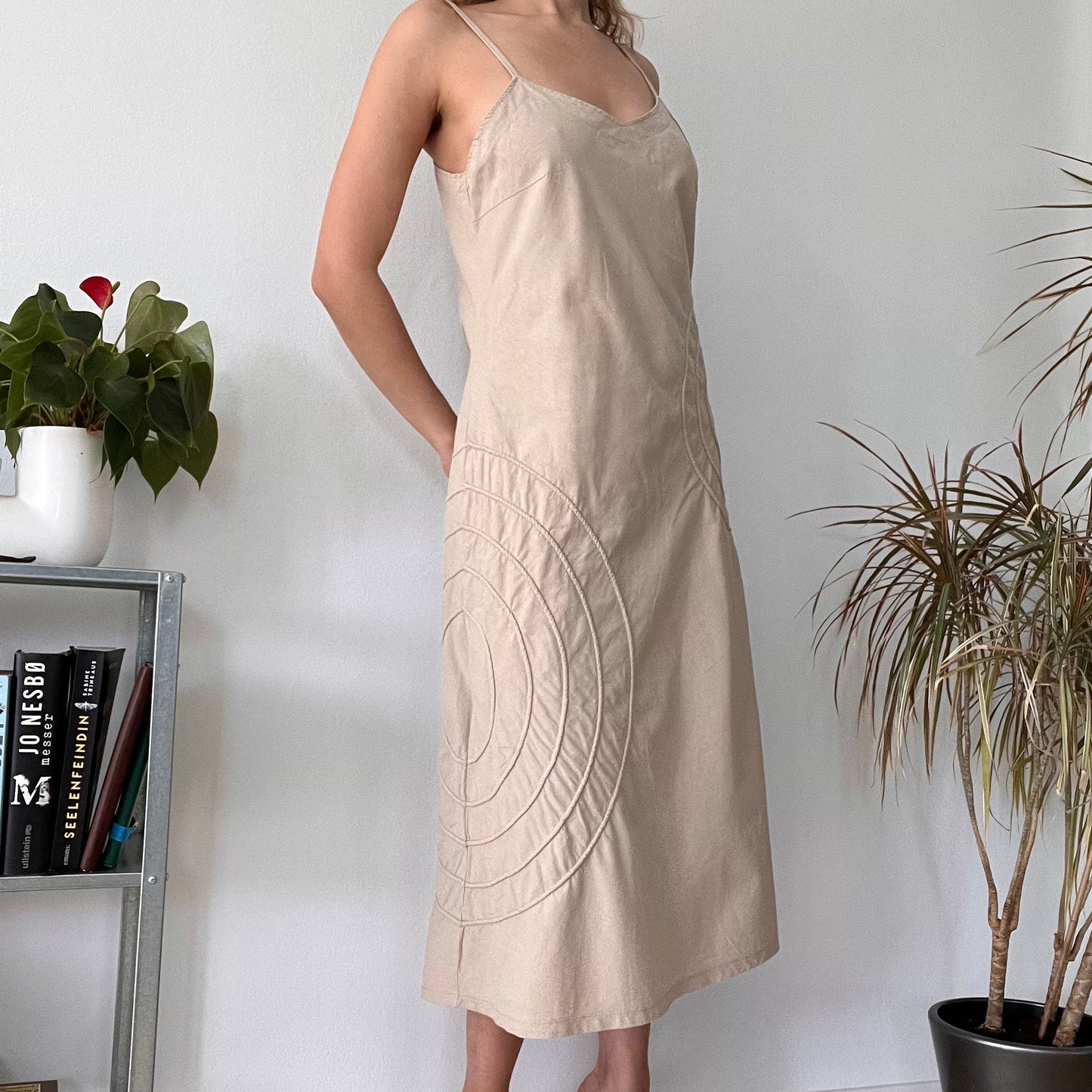 Beige linen cotton summer dress-Size L
