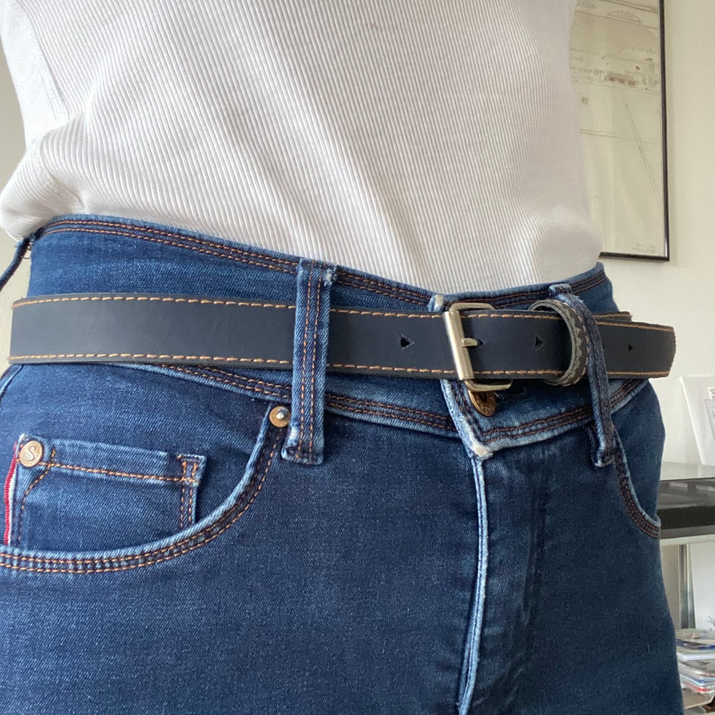 Grey blue metal buckle thin leather belt