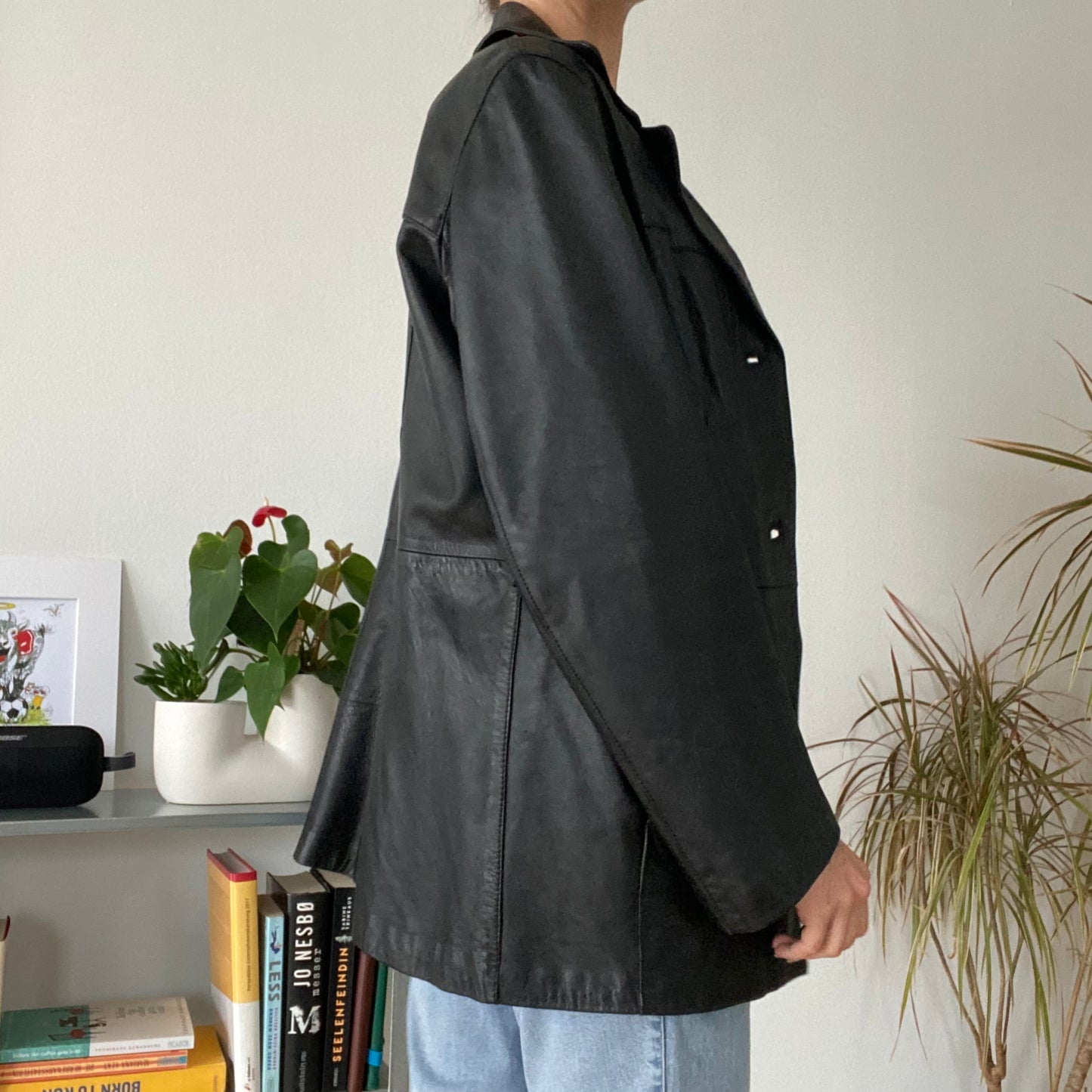 Mid-length black leather jackets 90s size 50