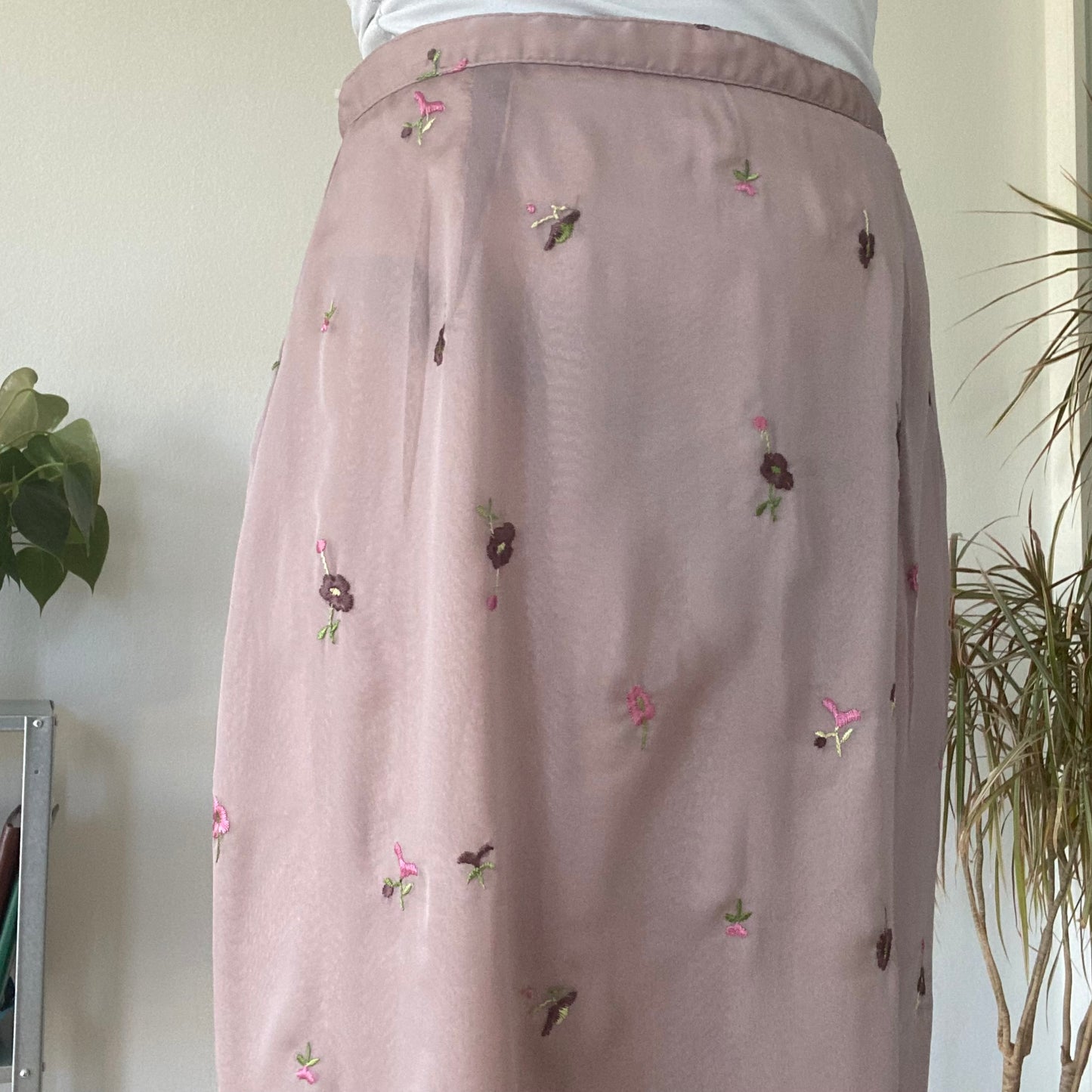 Pink Sheer Embroidered Midi Skirt Y2K Vintage Floral Mesh Skirt
