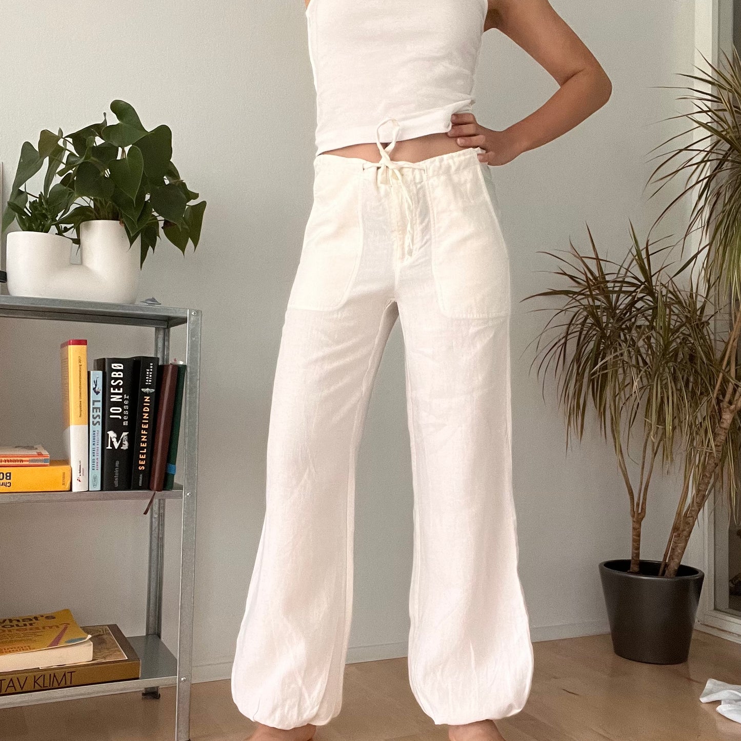 White Linen Wide Leg Drawstring Trousers-Size S