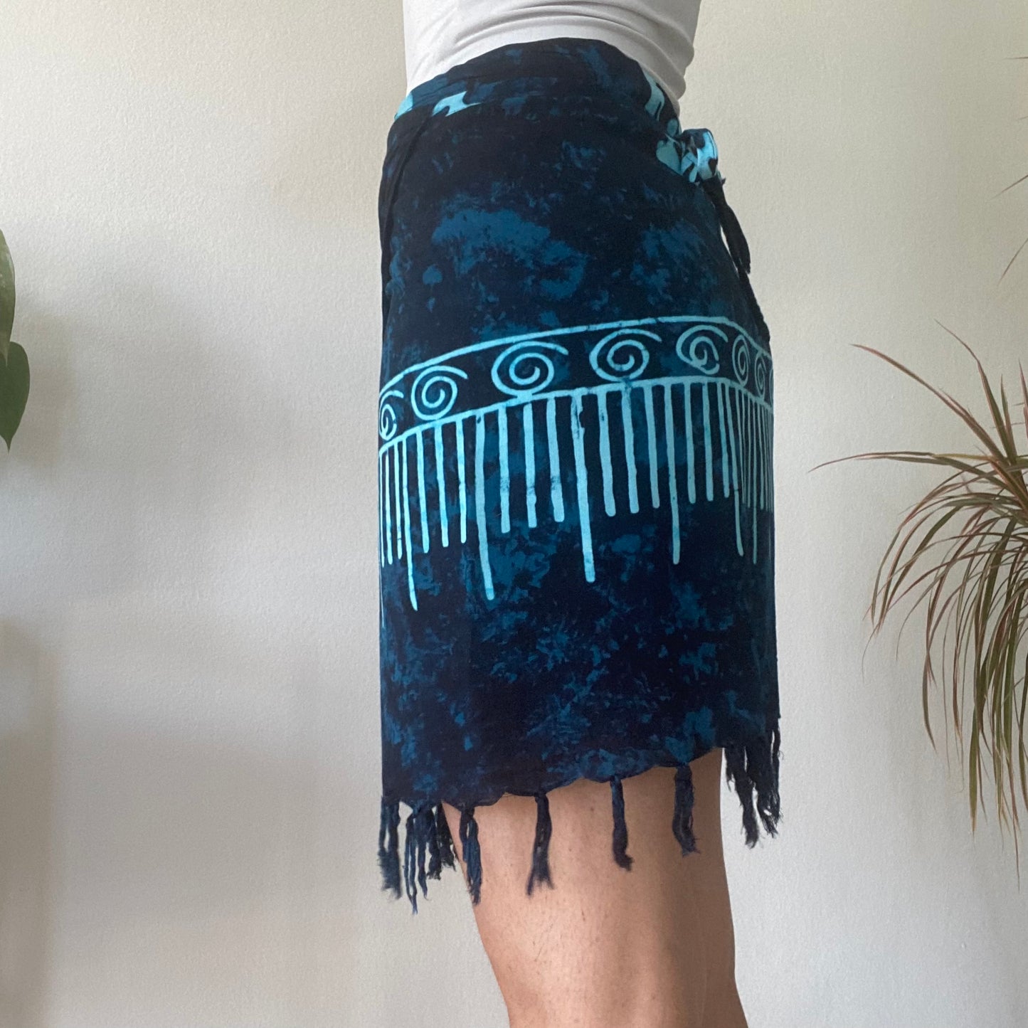 Blue fringe mini wrap skirt