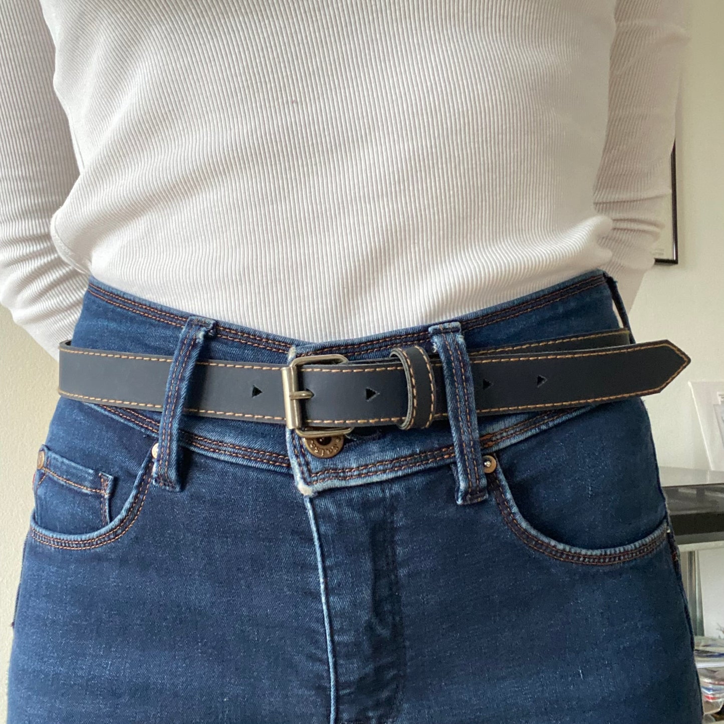 Grey blue metal buckle thin leather belt
