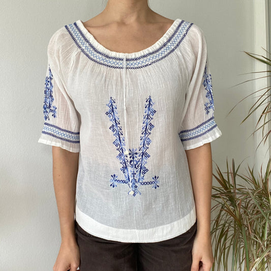 White Boho Embroidered Peasant Blouse Blue Folk Top Cottagecore