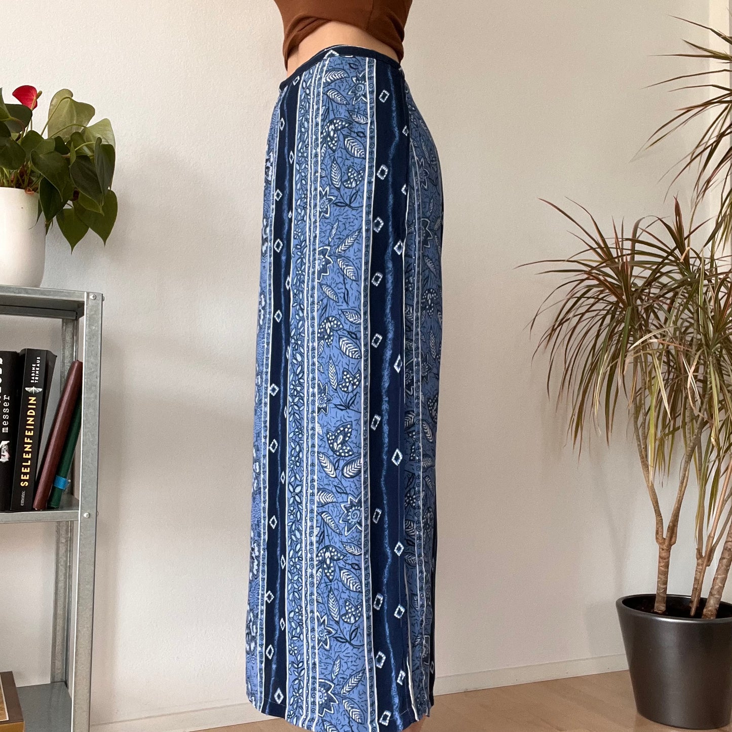Vintage Blue Boho Maxi Skirt Y2K Floral Pattern