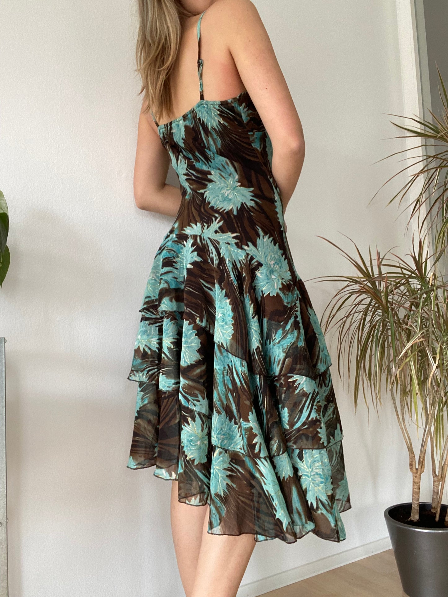 Y2K Tropical Chiffon Slip Dress Blue Layered Midi