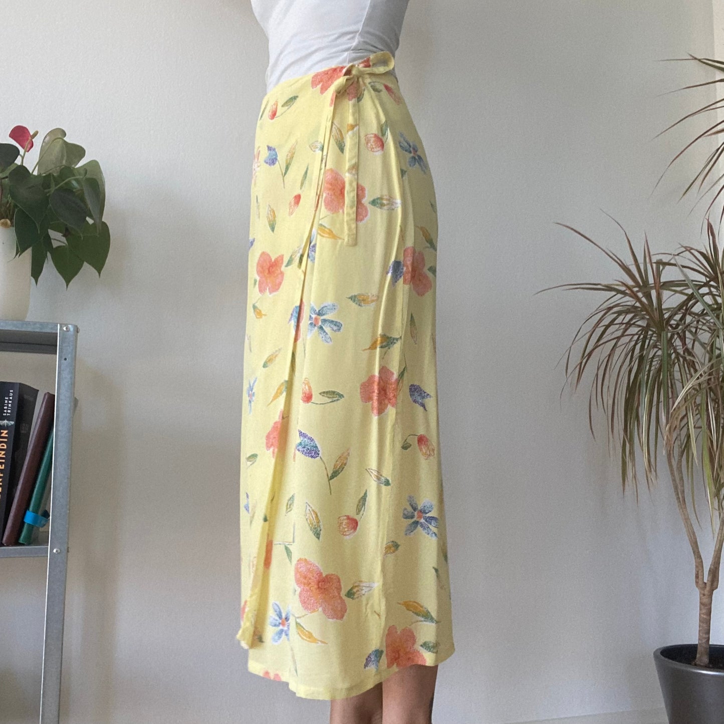 Yellow Floral Wrap Midi Skirt Summer Vintage Boho A Line Skirt