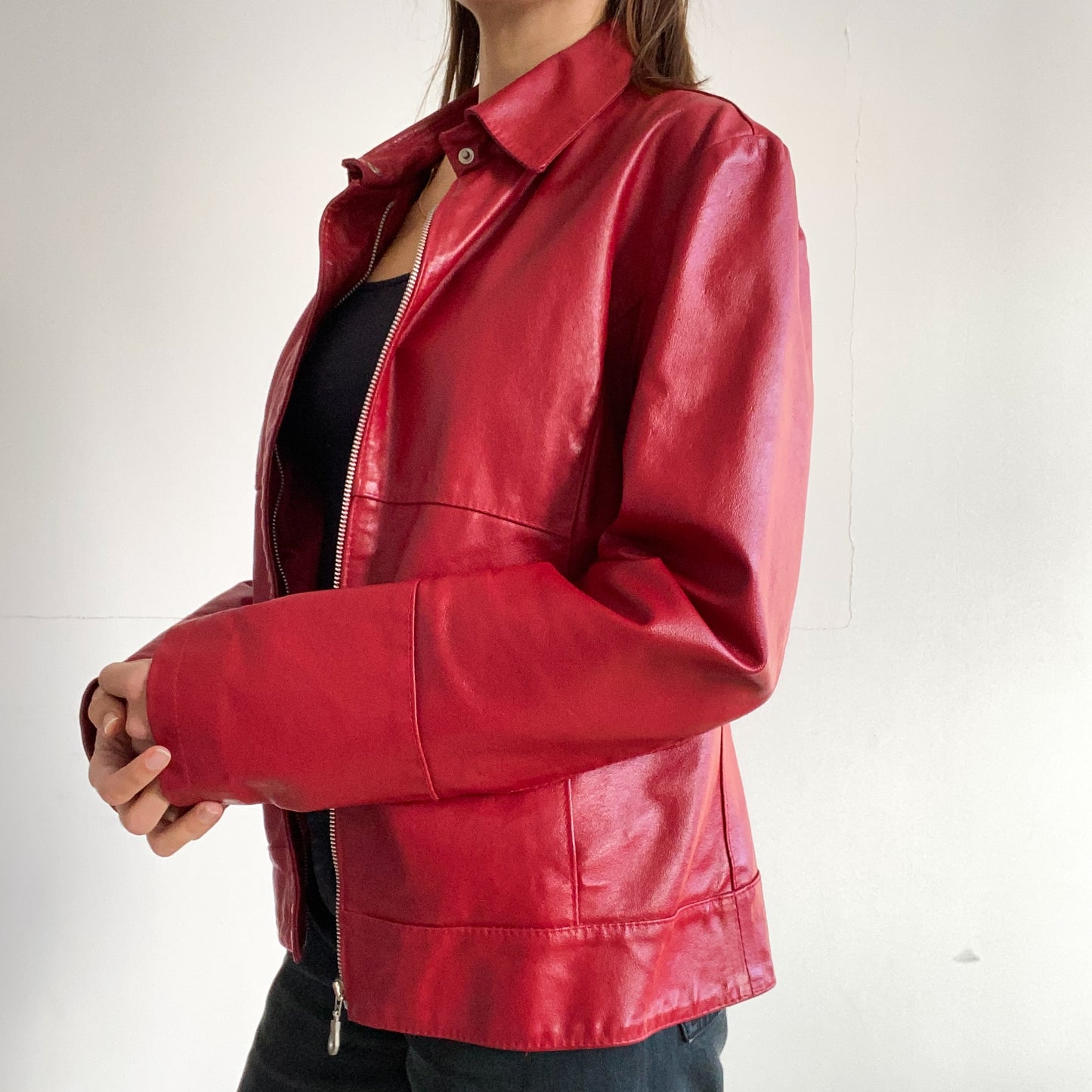 Red leather jacket with zipper
