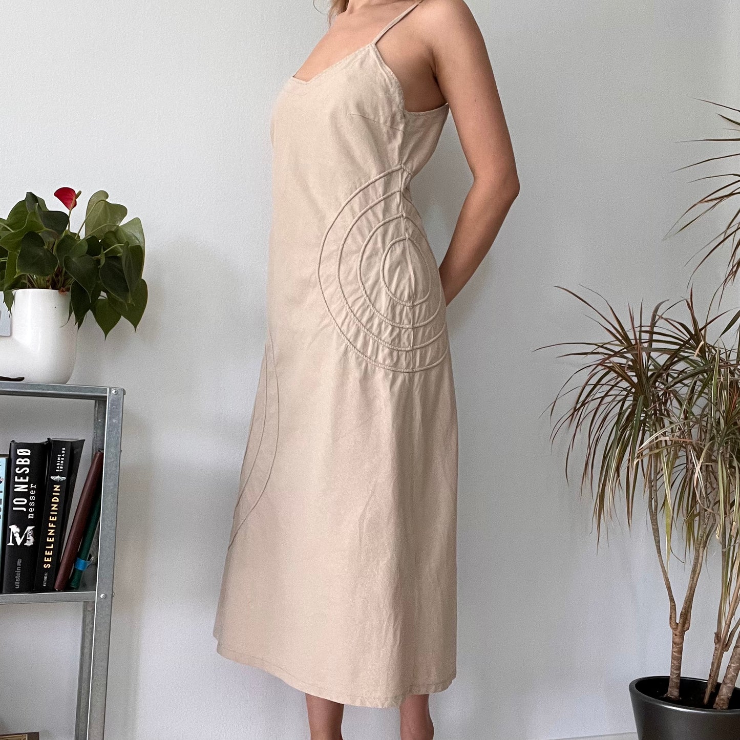 Beige linen cotton summer dress-Size L
