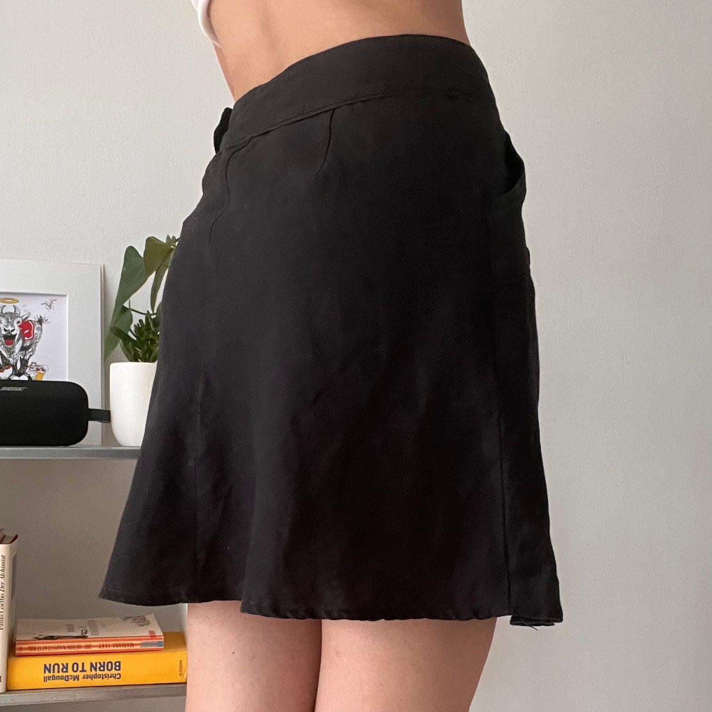 Black Linen High Waist Mini Skirt Minimalist Y2K-Size 34