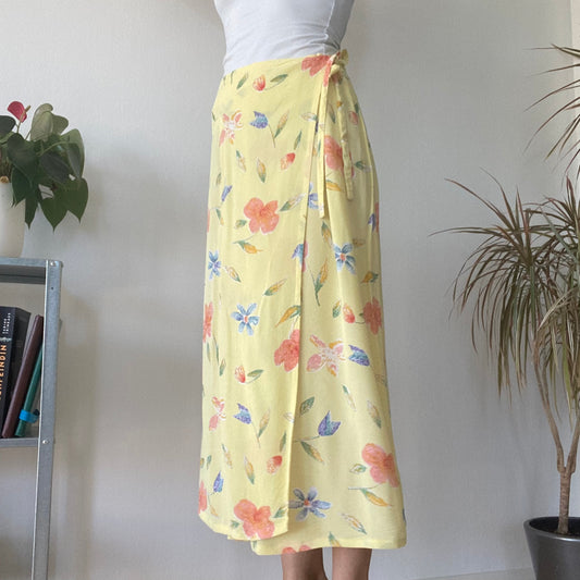 Yellow Floral Wrap Midi Skirt Summer Vintage Boho A Line Skirt