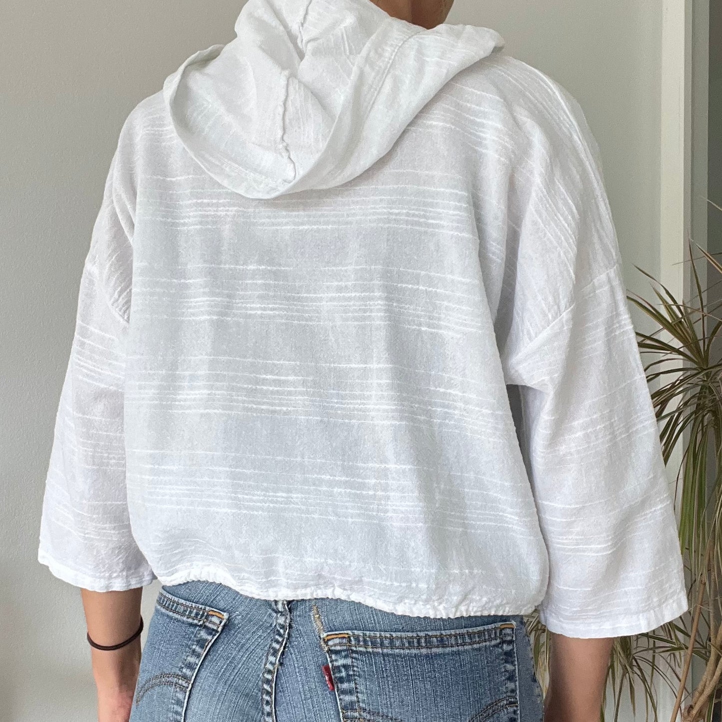 hooded cotton gauze button-down top-Free size