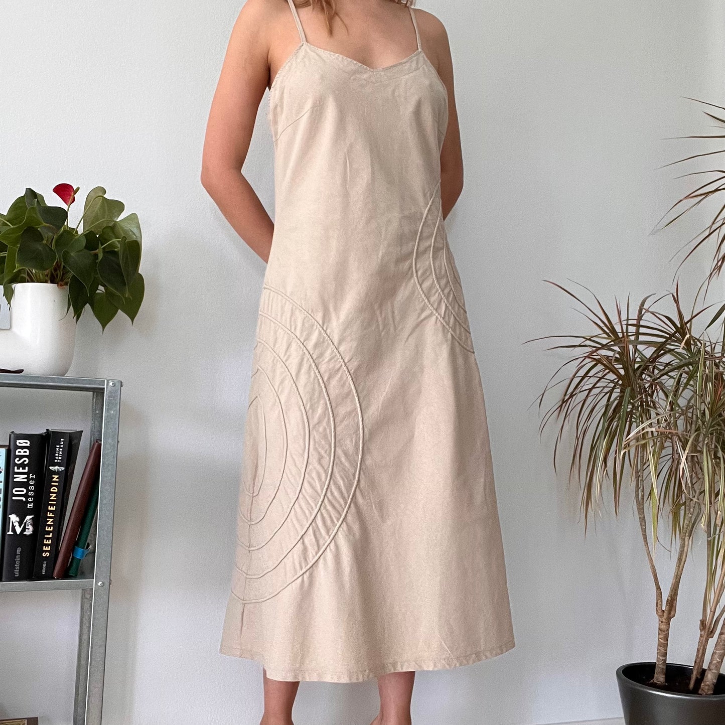 Beige linen cotton summer dress-Size L