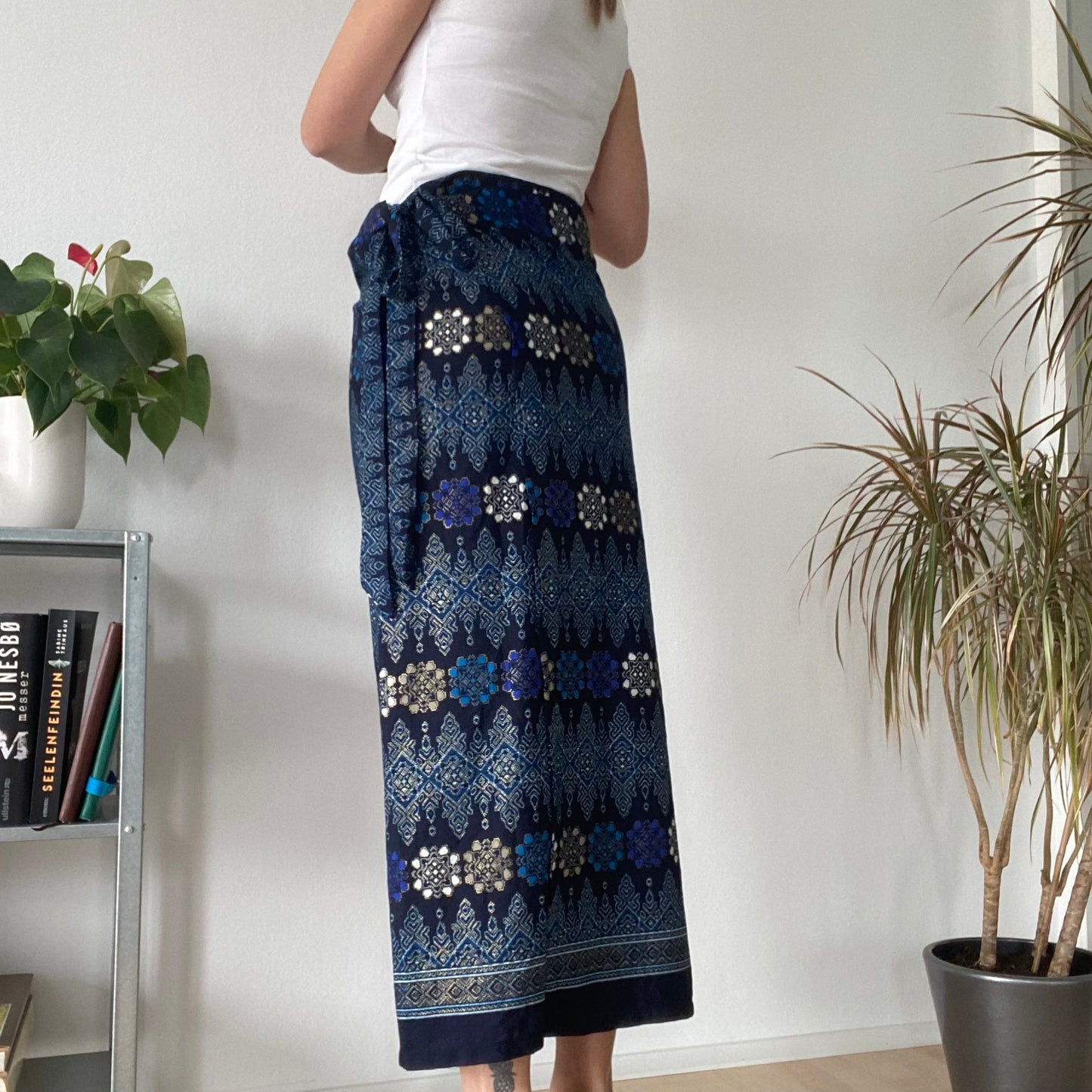 Long blue wrap maxi skirt