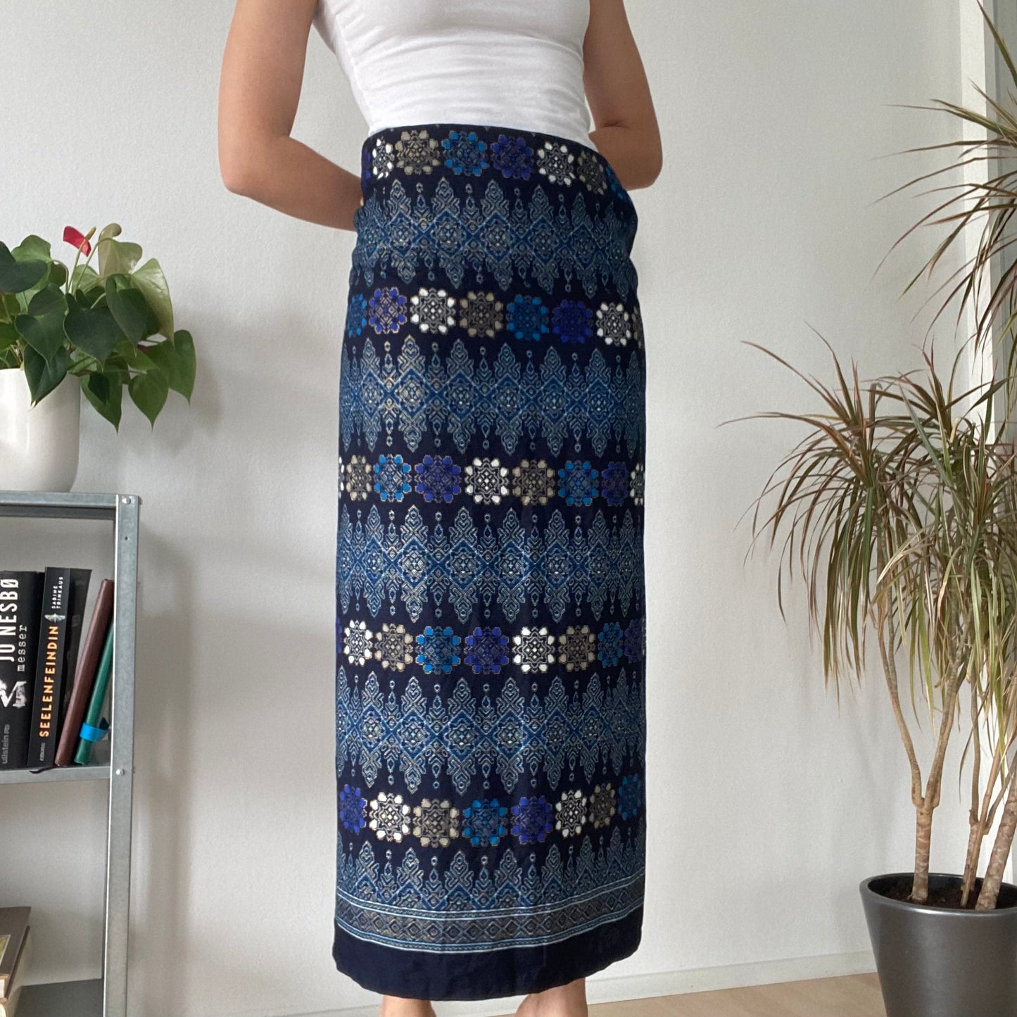 Long blue wrap maxi skirt