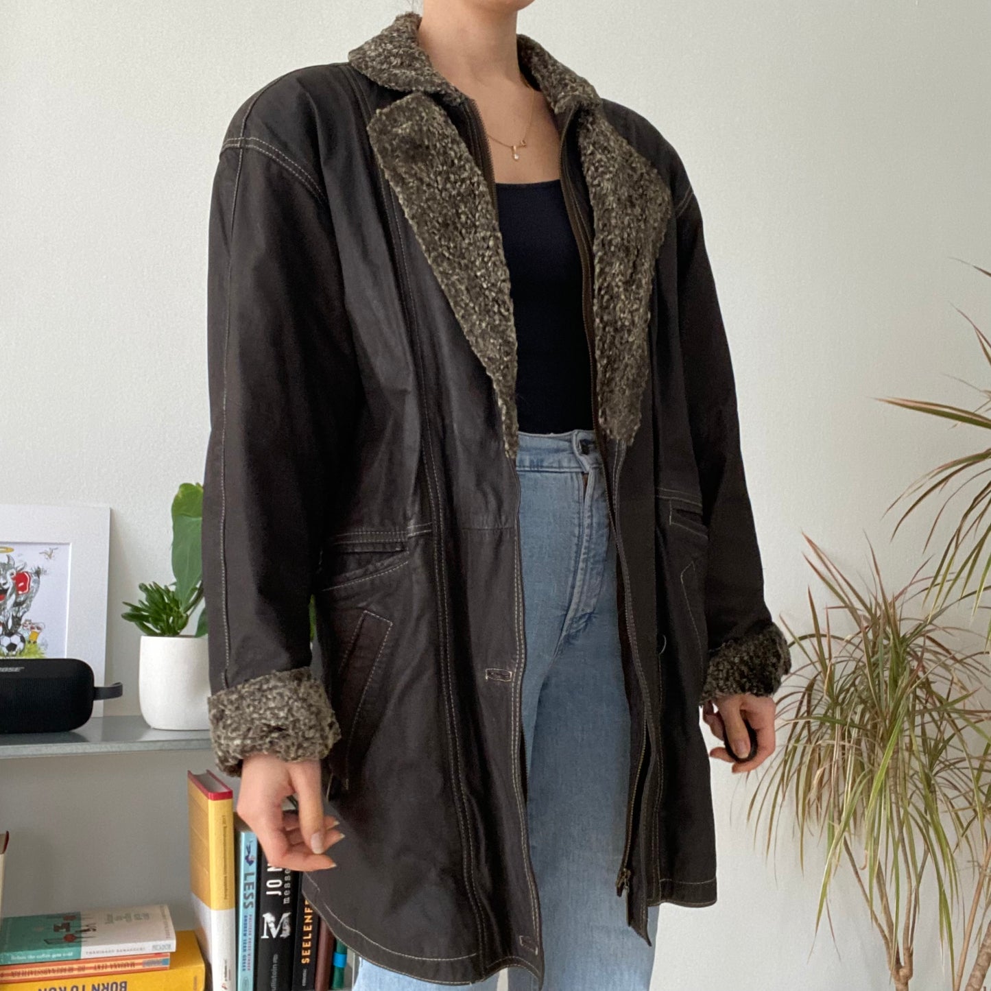 Vintage brown mid-length leather coat