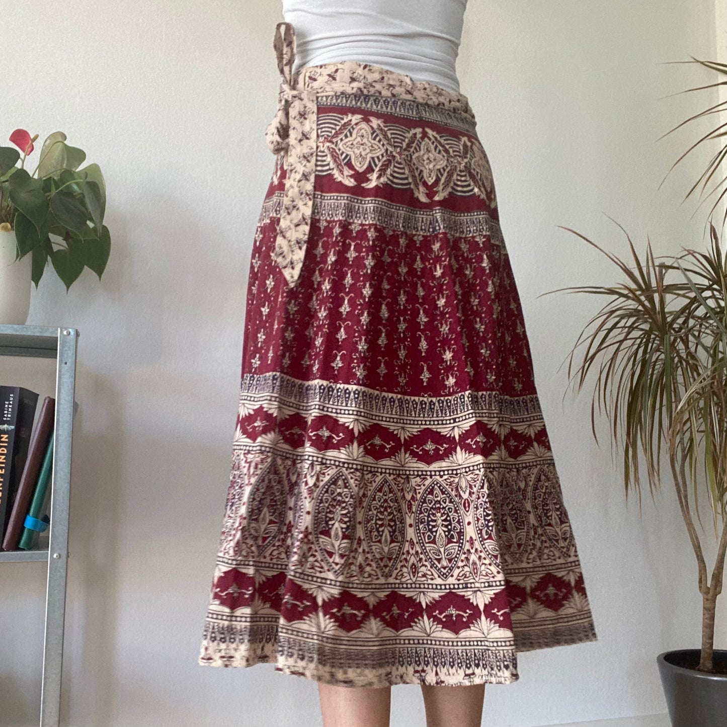 Red Boho Print Midi Skirt Vintage Wrap Style Festival A Line Skirt