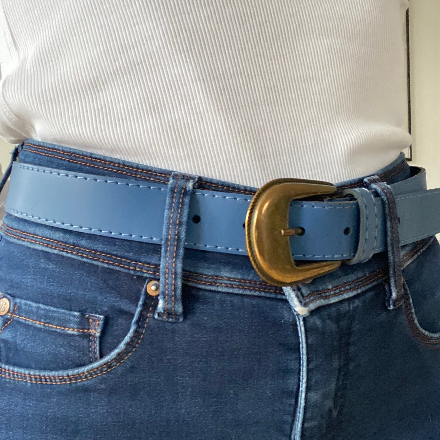 Blue Leather Belt with Gold Buckle