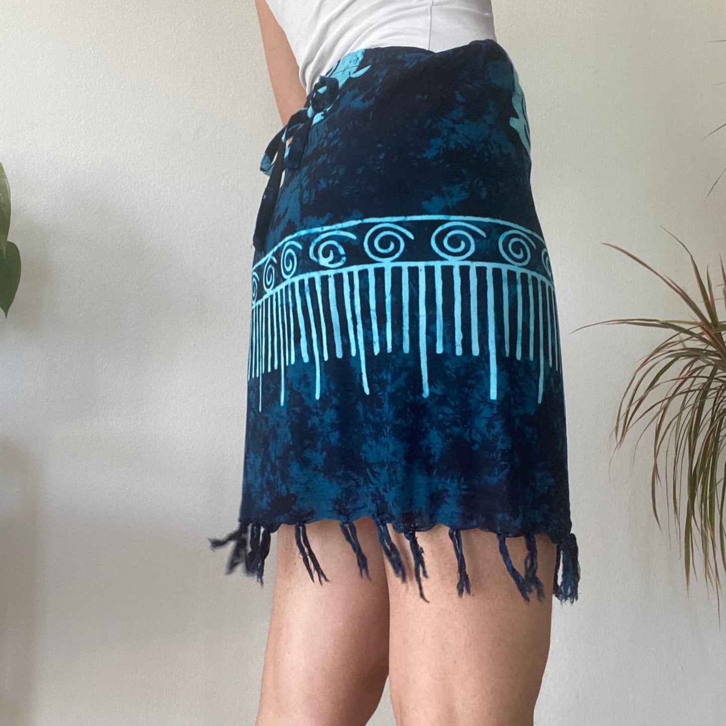 Blue fringe mini wrap skirt