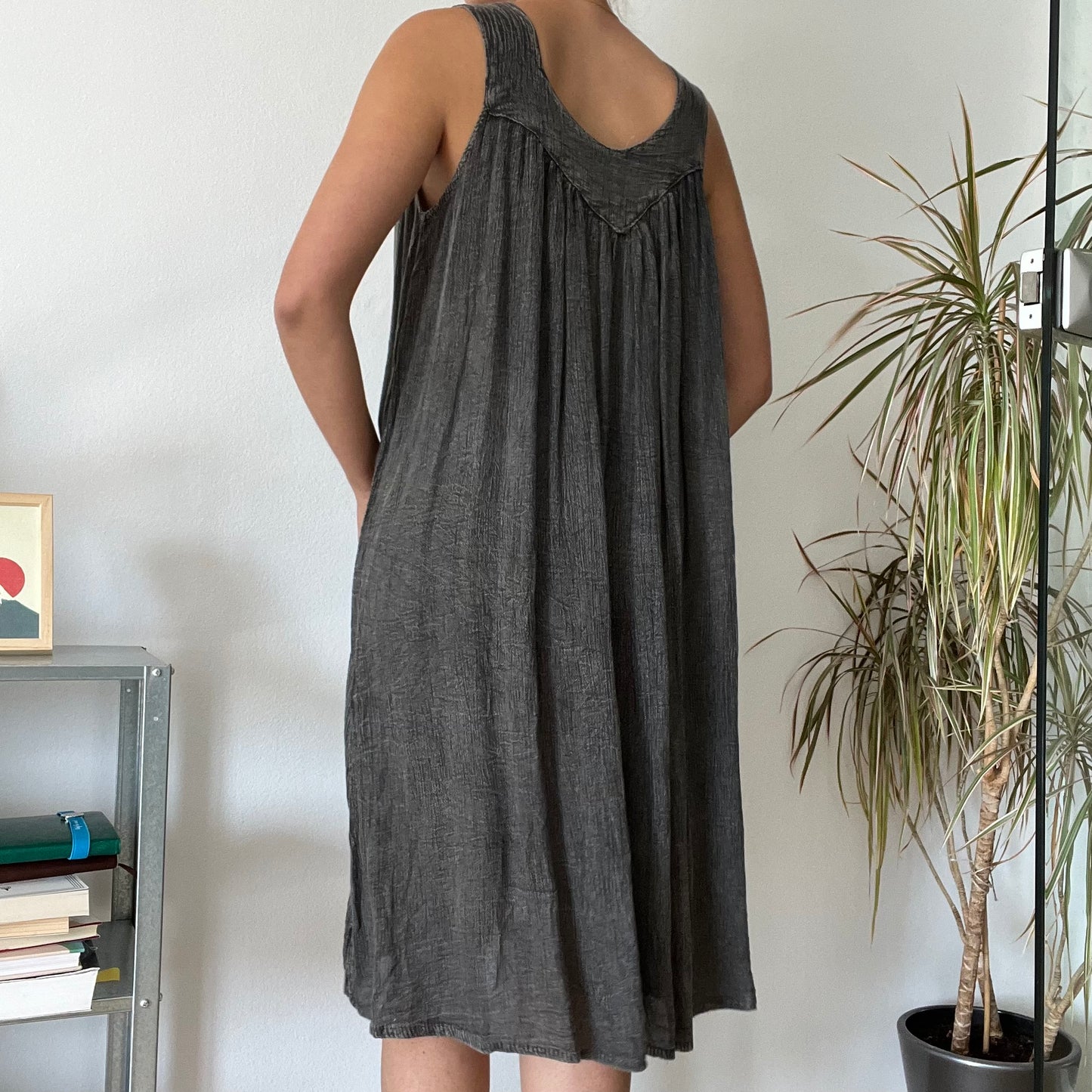 Vintage Grey Embroidered Midi Dress-free size