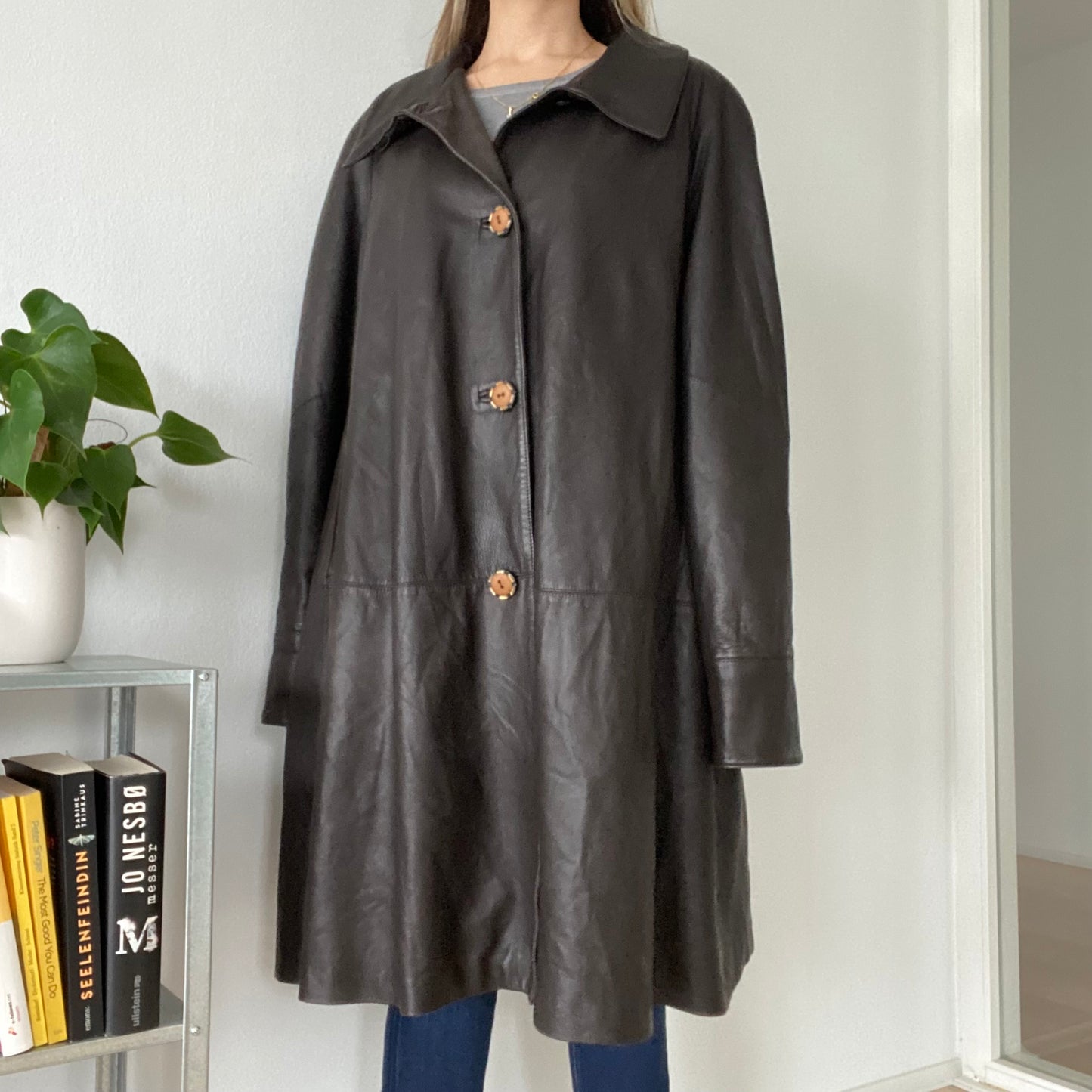 Long vintage leather brown coat