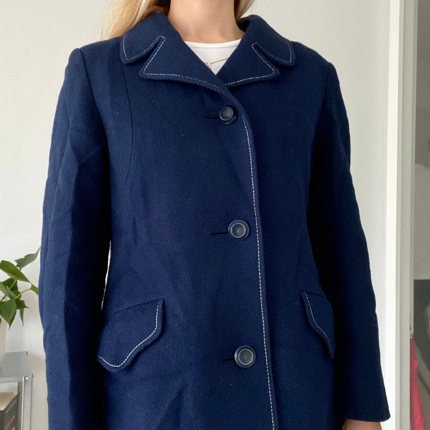 Navy Blue Wool Coat Single Breasted Tailored Mid Length Classic