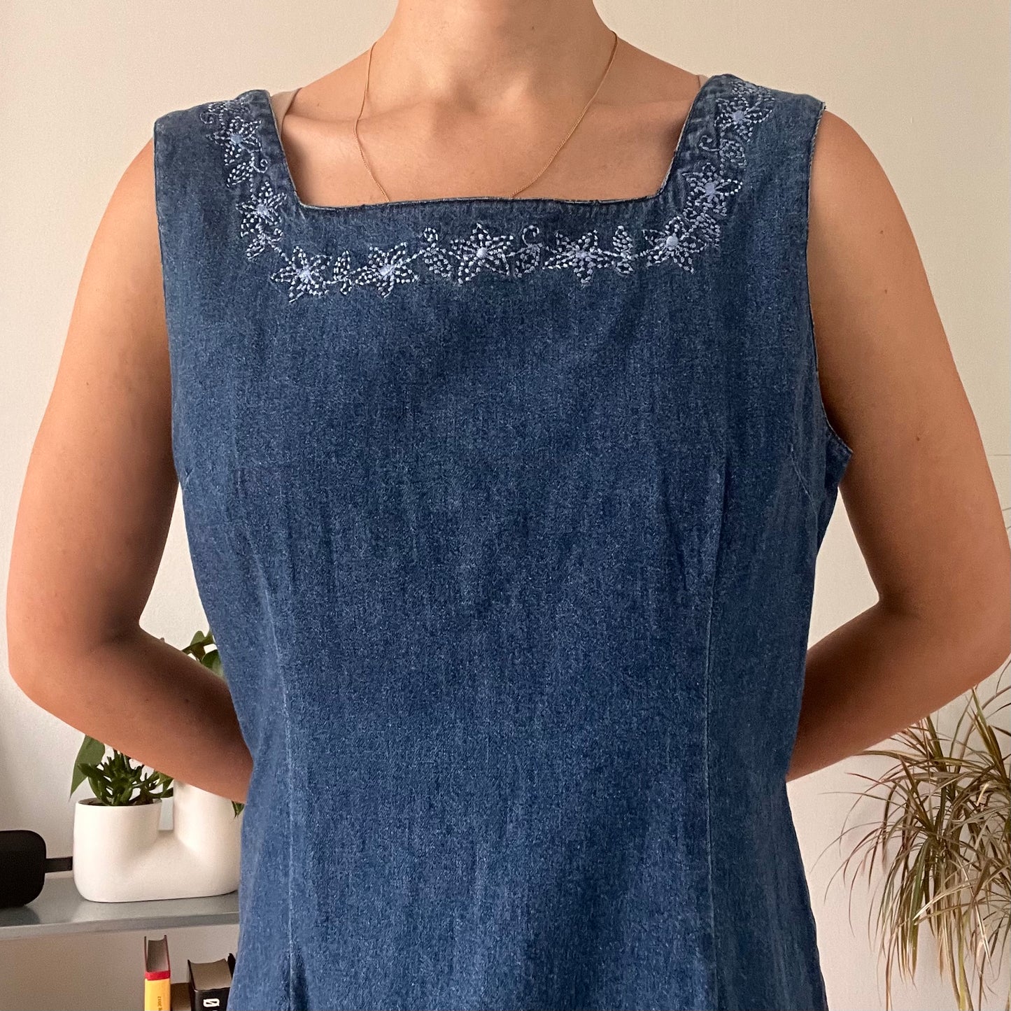 Vintage Embroidered Denim Midi Dress - Size 40